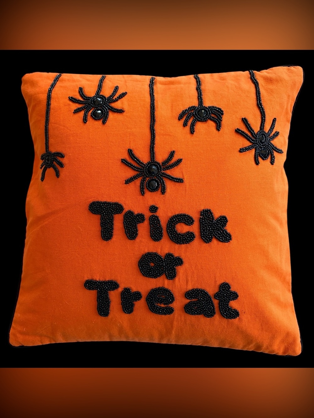 Halloween 'Trick or Treat' throw Pillow orange black beaded spiders fall 18" sq.